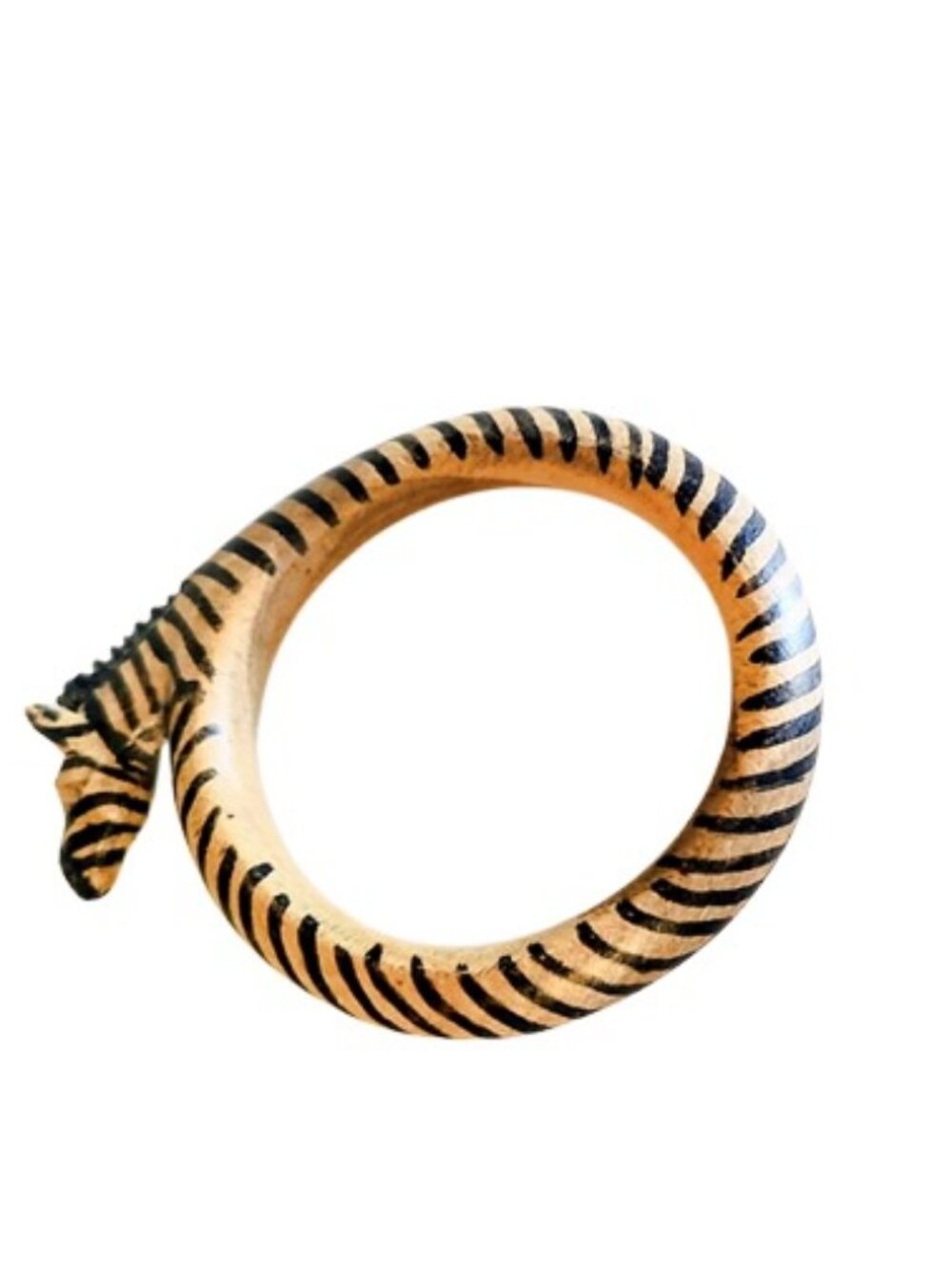 1980s Vintage Carved Wooden Zebra Head Tribal Bangle Bracelet In Brown And Black